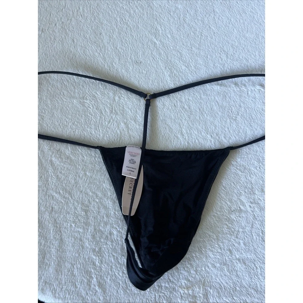 Vintage Victoria's Secret L Very Sexy Satin Black Rhinestone Bling V-String Y2K